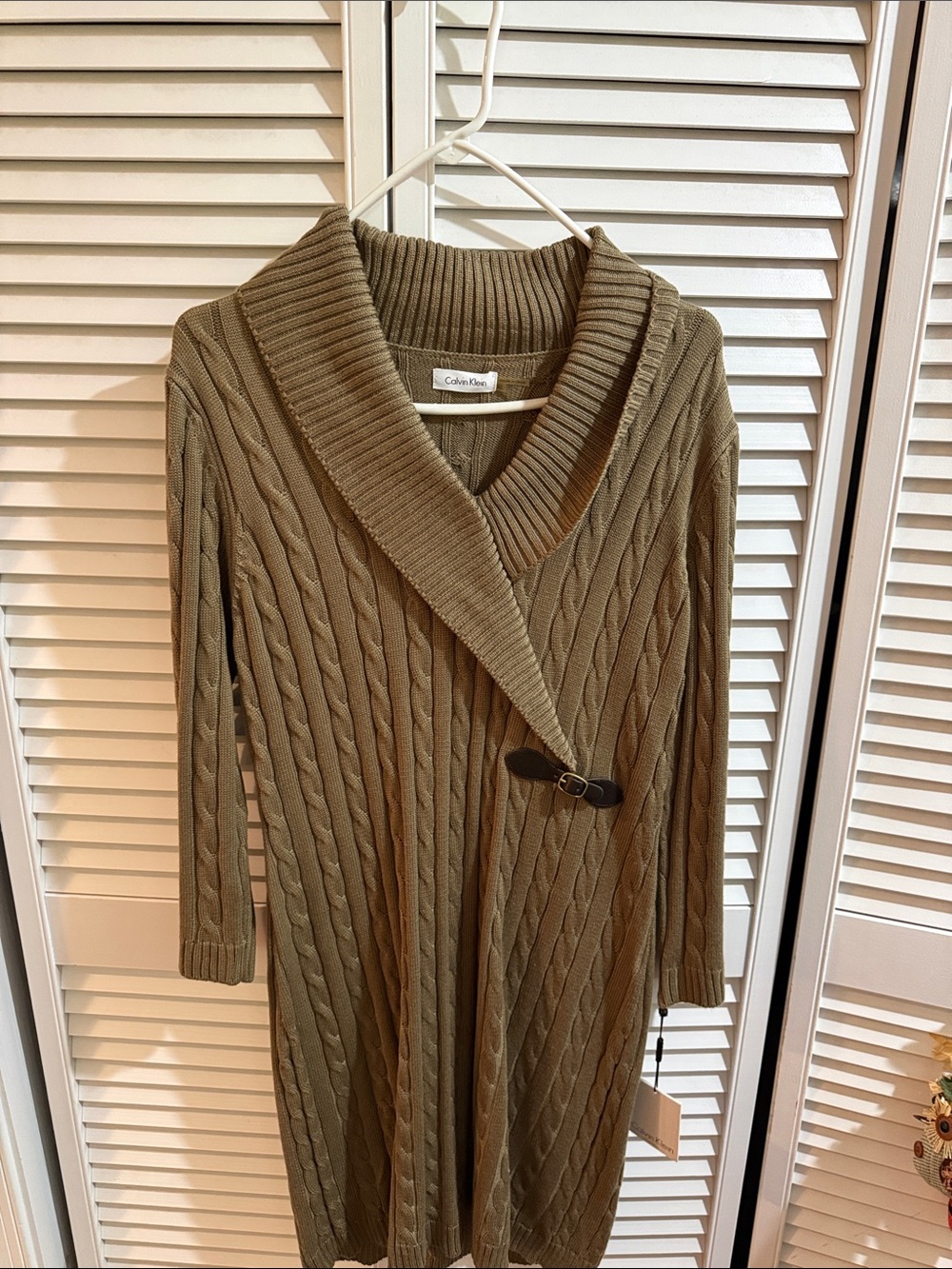 Calvin Klein Olive Cable-Knit Shawl-Collar Sweater Dress with Buckle